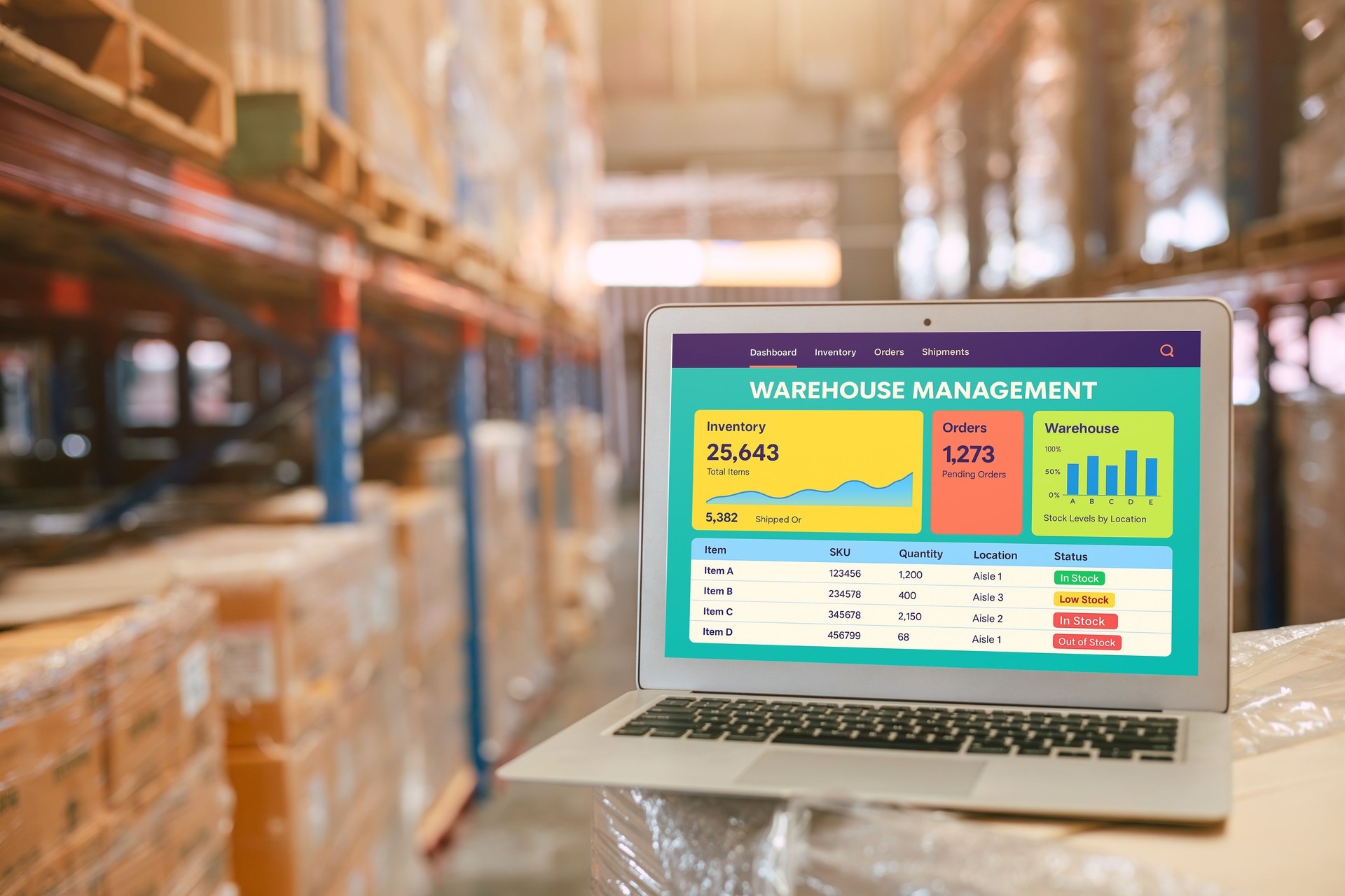 Laptop computer using online warehouse management system (WMS) software screen display